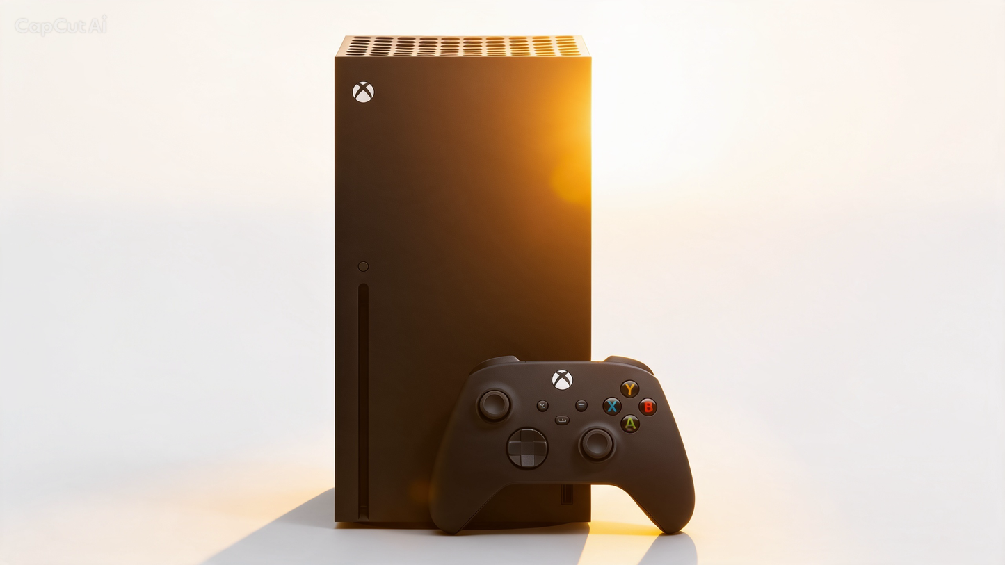 Black Xbox Series S console with matching controller on a dark glossy surface