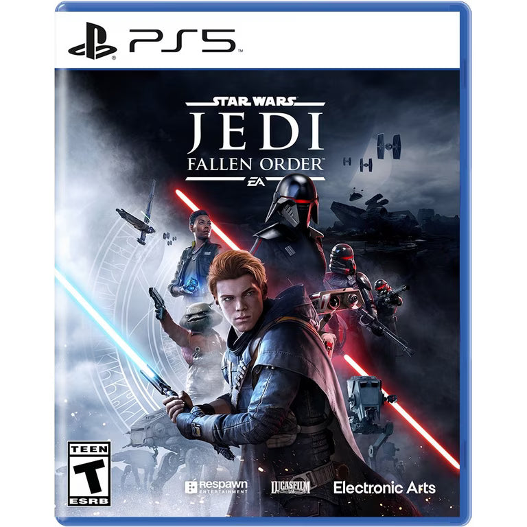 PlayStation 5 game case for 'Star Wars Jedi: Fallen Order' with characters and branding.