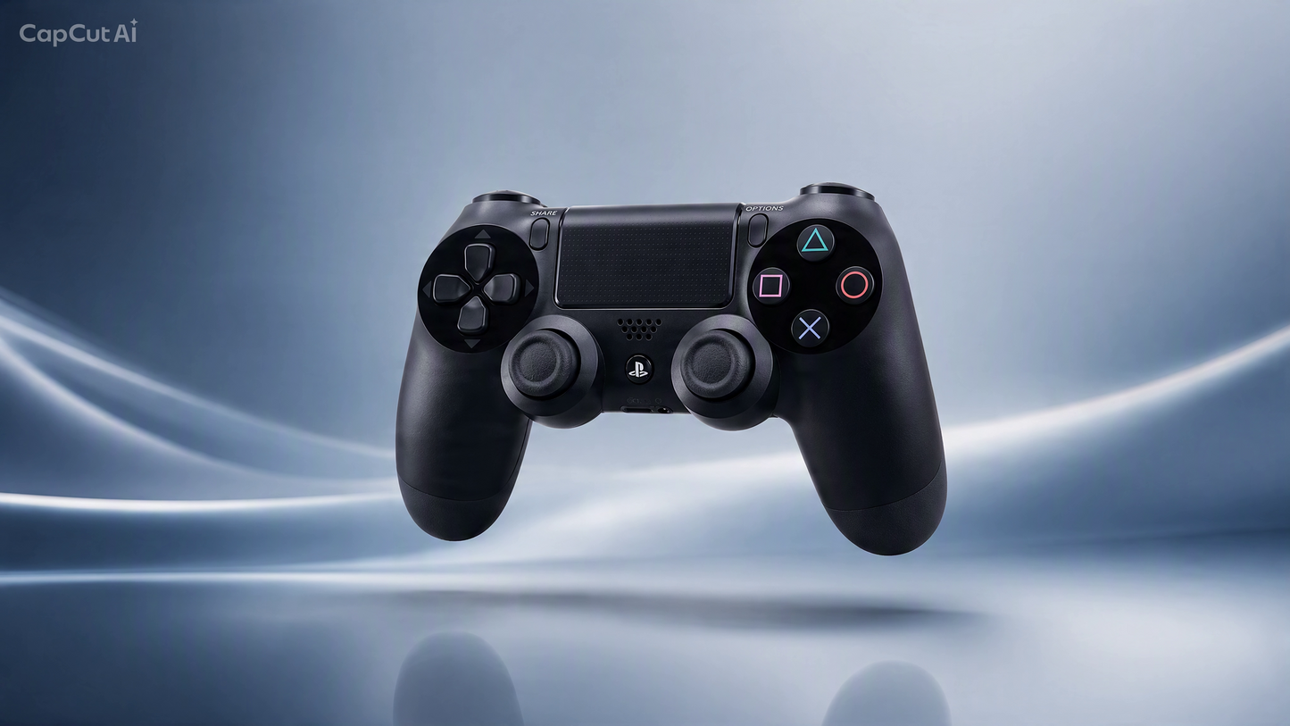 A black PlayStation 5 controller floating against a blue and gray abstract background with a subtle reflection below. The CapCutAi watermark is visible in the top-left corner.