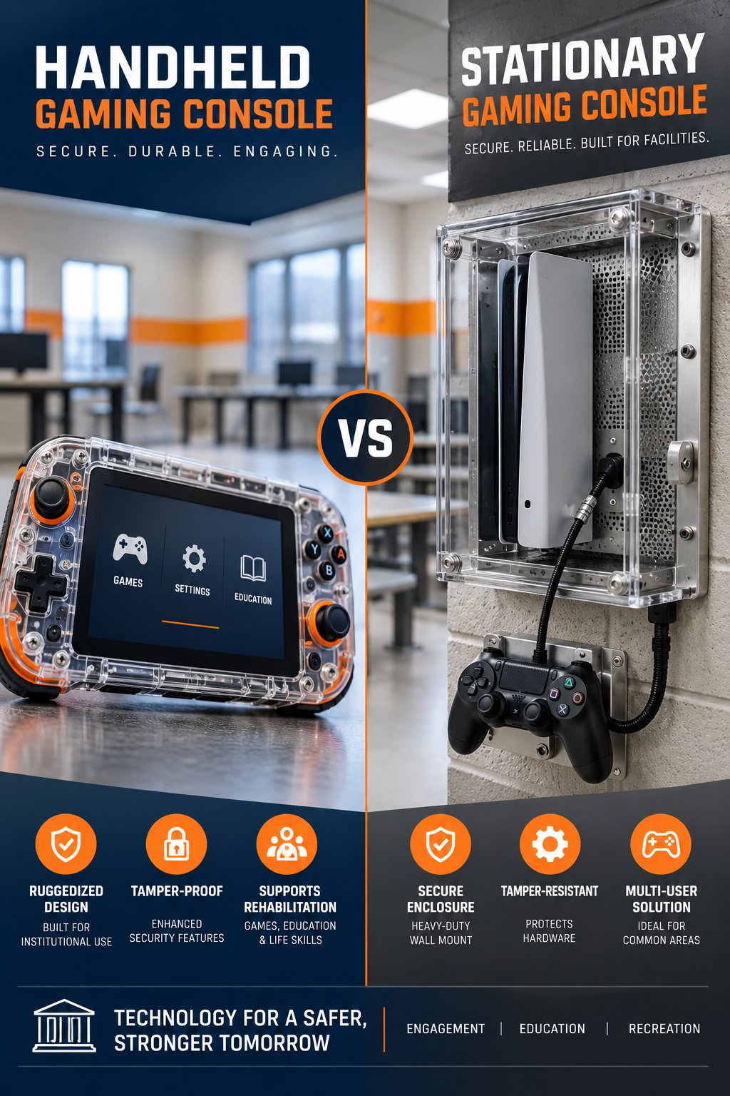 Handheld and stationary gaming consoles for correctional facility recreation