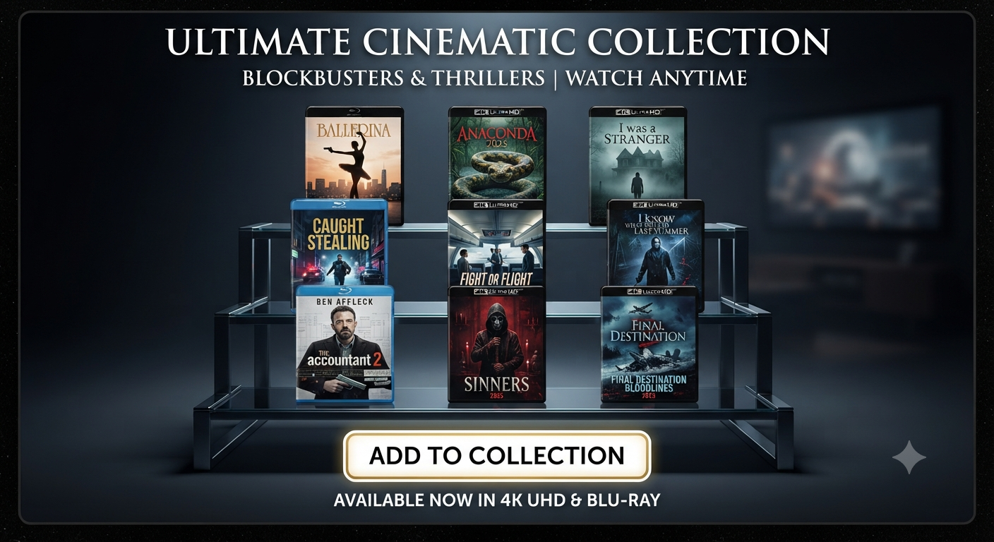 Dark cinematic banner for "ULTIMATE CINEMATIC COLLECTION" showing nine 4K UHD/Blu-ray cases on a glass stand. Titles include Ballerina, Anaconda, Caught Stealing, Sinners, and Final Destination: Bloodlines. Below is a gold "ADD TO COLLECTION" button.