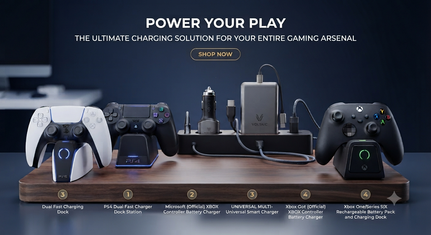 Sleek e-commerce banner displaying a variety of gaming controller charging stations and accessories on a wooden shelf against a navy background, with the text "POWER YOUR PLAY: THE ULTIMATE CHARGING SOLUTION..." and a central "SHOP NOW" button.