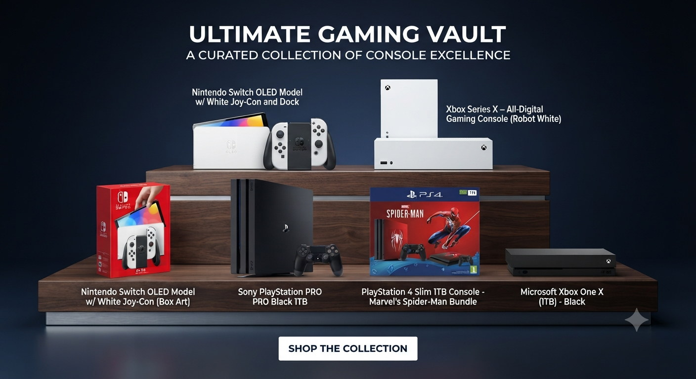 E-commerce display banner titled "ULTIMATE GAMING VAULT," showcasing six consoles on a tiered wooden shelf: white Switch OLED, white Xbox Series X, Switch OLED box, black PS4 Pro, red Spider-Man PS4 Slim, and black Xbox One X. "SHOP NOW" button below.