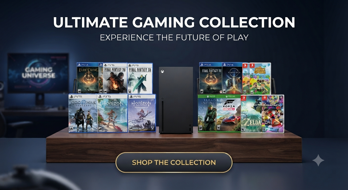 A high-end e-commerce banner titled "ULTIMATE GAMING COLLECTION" features a tiered wooden shelf with an Xbox Series X console and multi-platform games for Xbox, PS4, PS5, and Switch like NBA 2K26, Minecraft, and Final Fantasy, plus a "SHOP" button.