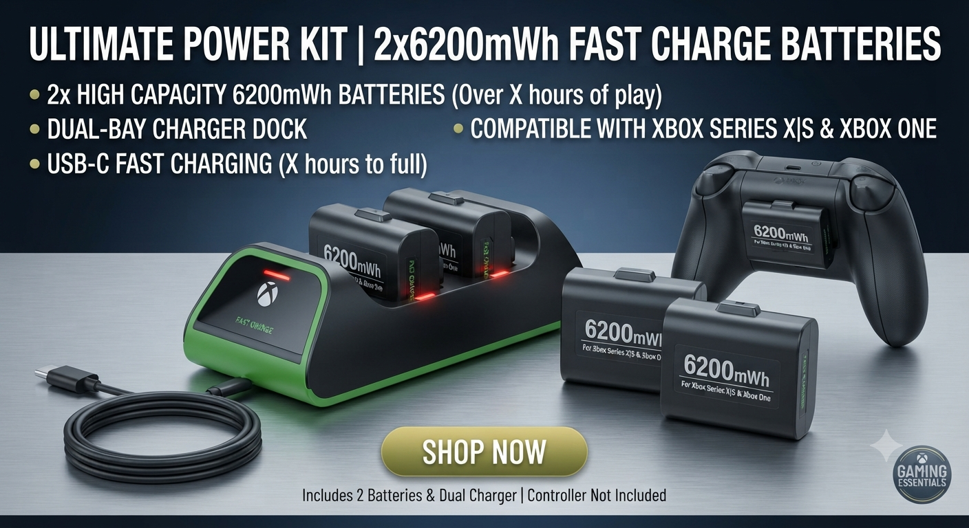A detailed e-commerce banner for "ULTIMATE POWER KIT" featuring a dual-bay charger, four 6200mWh batteries, and an Xbox controller with a battery installed. Lists features and a "SHOP NOW" button.