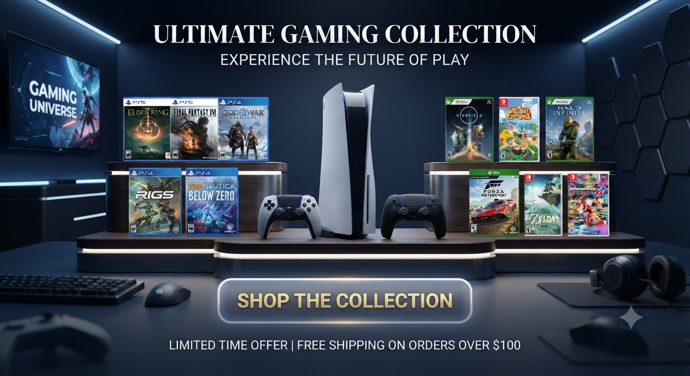 E-commerce banner titled "ULTIMATE GAMING COLLECTION" showing a PS5 console flanked by PS5 and Switch games like God of War, Elden Ring, and Zelda. A large "SHOP THE COLLECTION" button below.