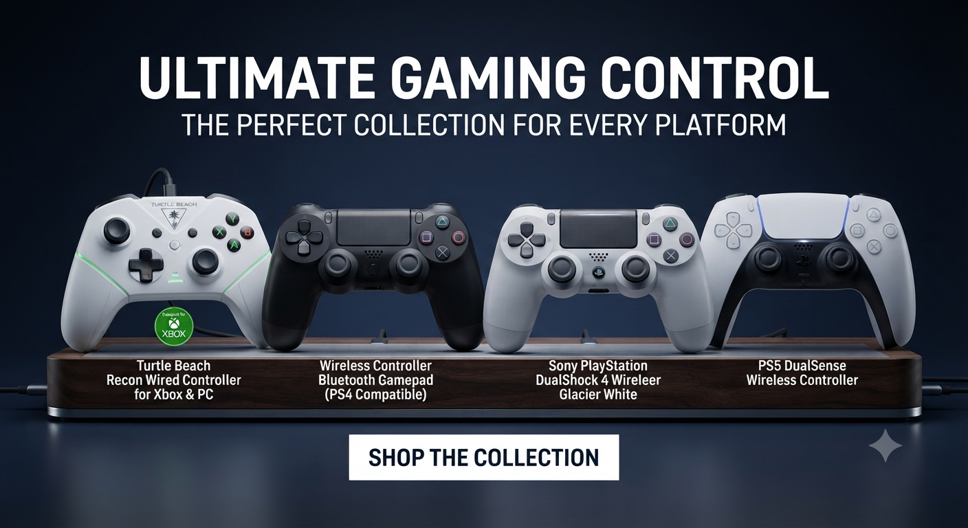 Product display banner for "ULTIMATE GAMING CONTROL," featuring four game controllers (Turtle Beach Recon for Xbox/PC, generic black PS4, white PS4, white PS5 DualSense) on a wooden stand against a dark background. Names and a "SHOP NOW" button below.