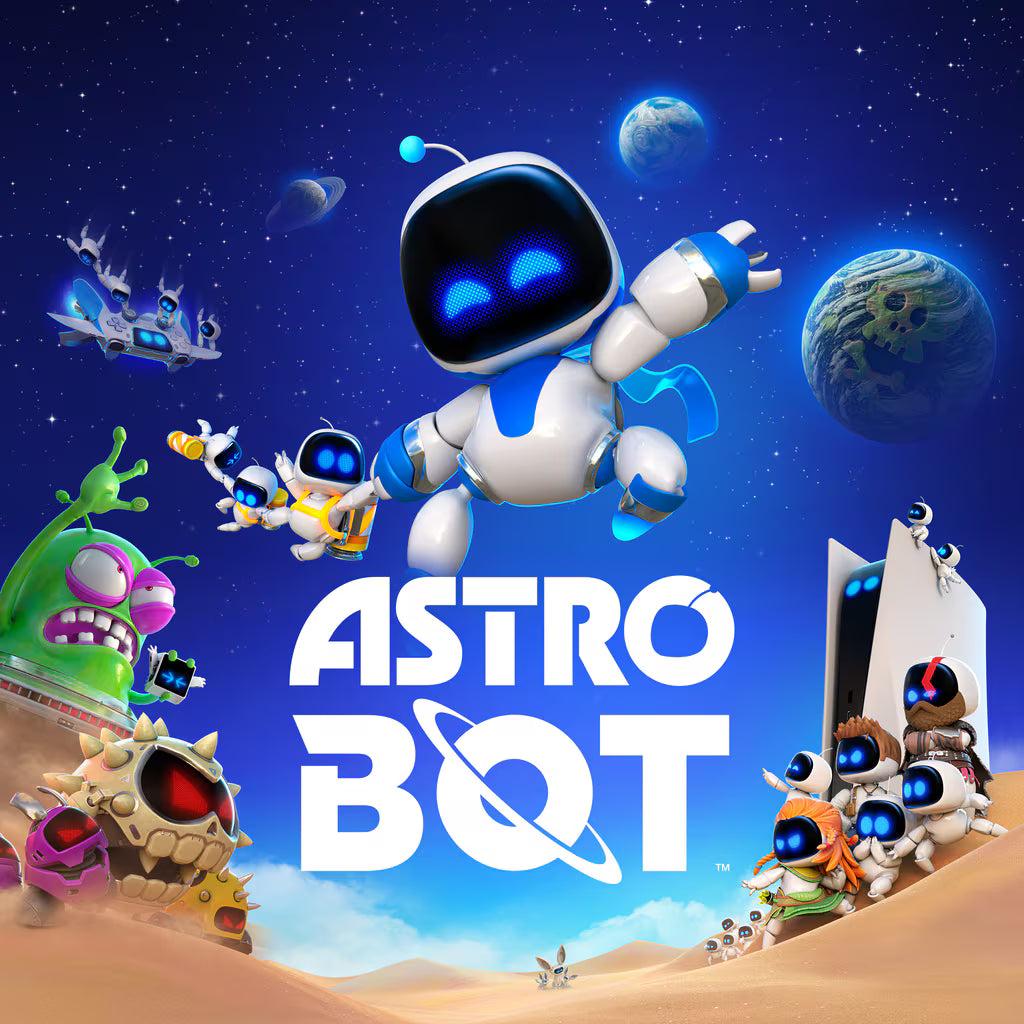 Astro Bot PS5 platforming adventure game featuring Astro exploring colorful worlds and creative levels