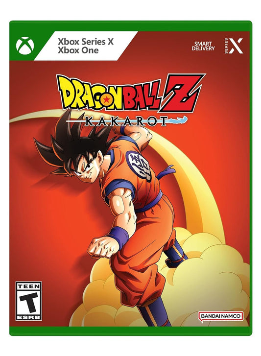 Official box art cover for Dragon Ball Z: Kakarot on Xbox Series X featuring Goku in his classic orange Turtle School Gi riding the yellow Flying Nimbus cloud with the Xbox Series X green header logo at the top.