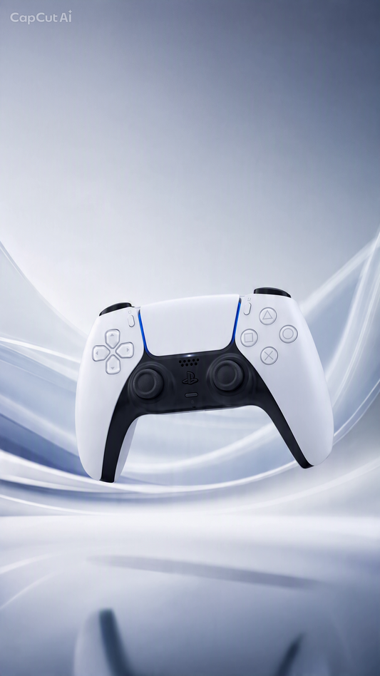 A white and black PlayStation 5 DualSense wireless controller floating against a soft blue and white abstract background. The CapCutAi watermark is visible in the top-left corner.