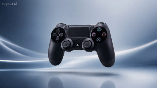 A black PlayStation 5 controller floating against a blue and gray abstract background with a subtle reflection below. The CapCutAi watermark is visible in the top-left corner.