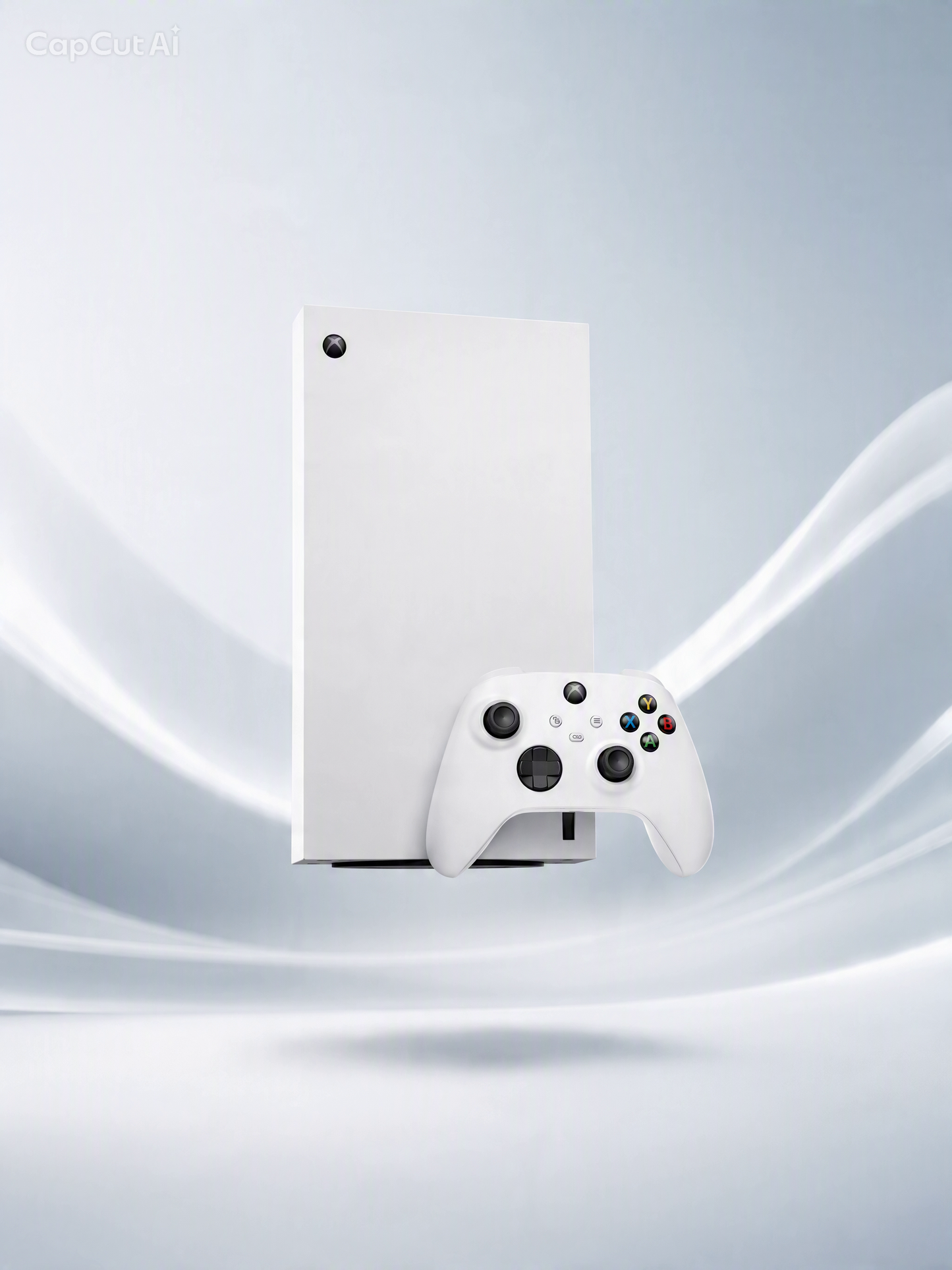 A white Xbox Series S console and matching white controller floating against a soft light gray and white abstract background. The Xbox logo is visible on the controller, and a faint CapCutAI watermark appears in the top-left corner.
