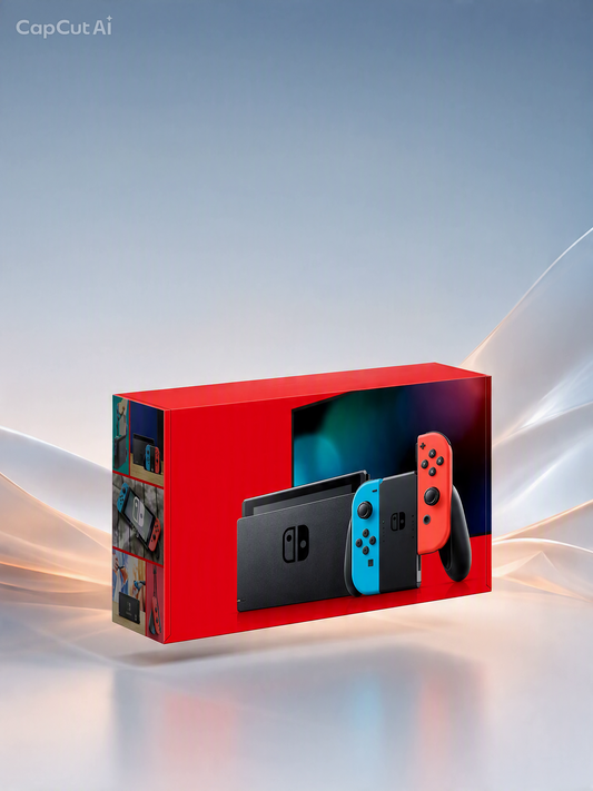 Nintendo Switch console with two Joy-Con controllers shown in front of its red retail box on a soft blue-to-white abstract background. The capcut ai watermark is visible in the top-left corner.