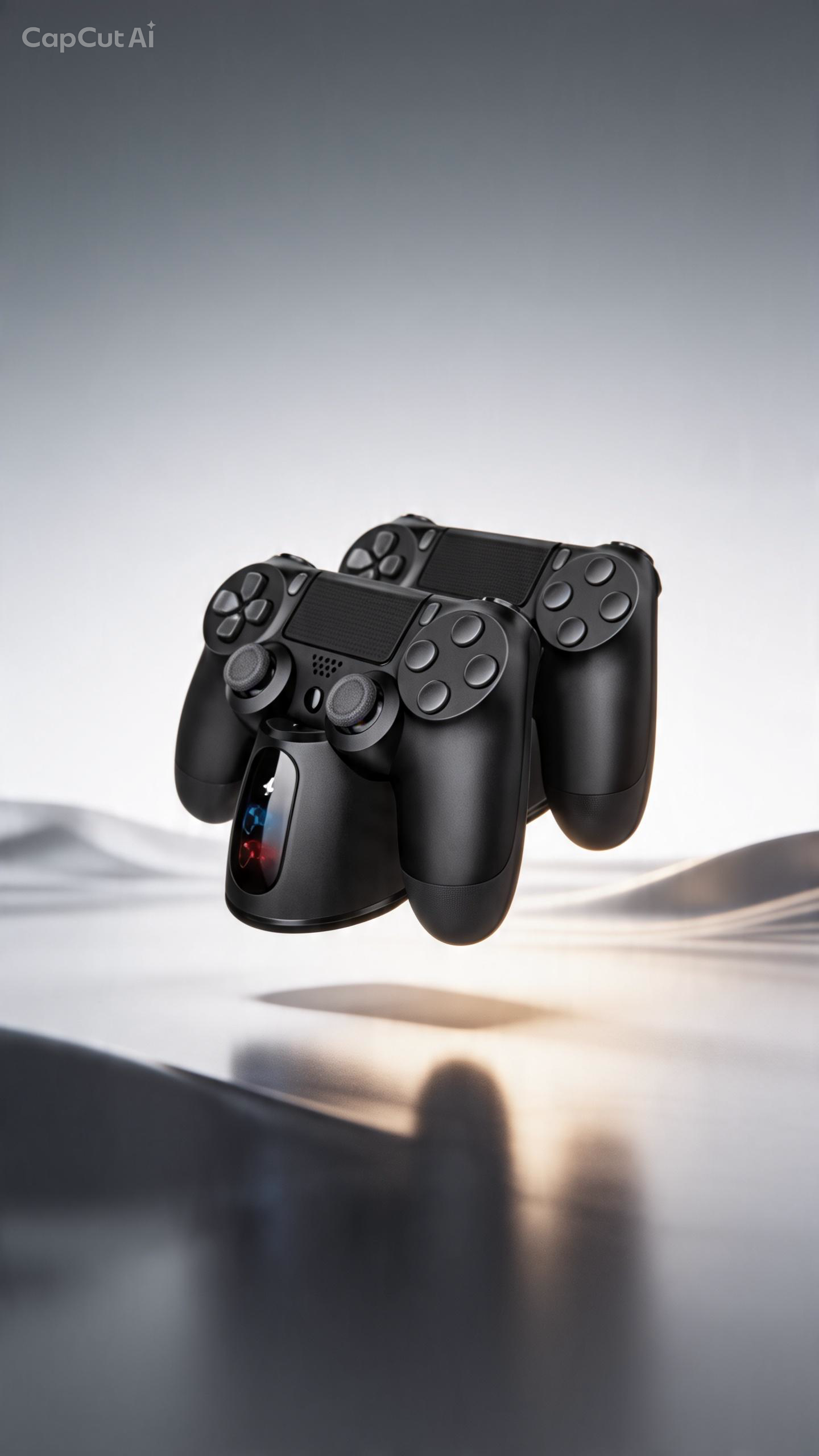 Three black PlayStation 5 DualSense wireless controllers floating above a reflective dark surface against a soft gray gradient background.