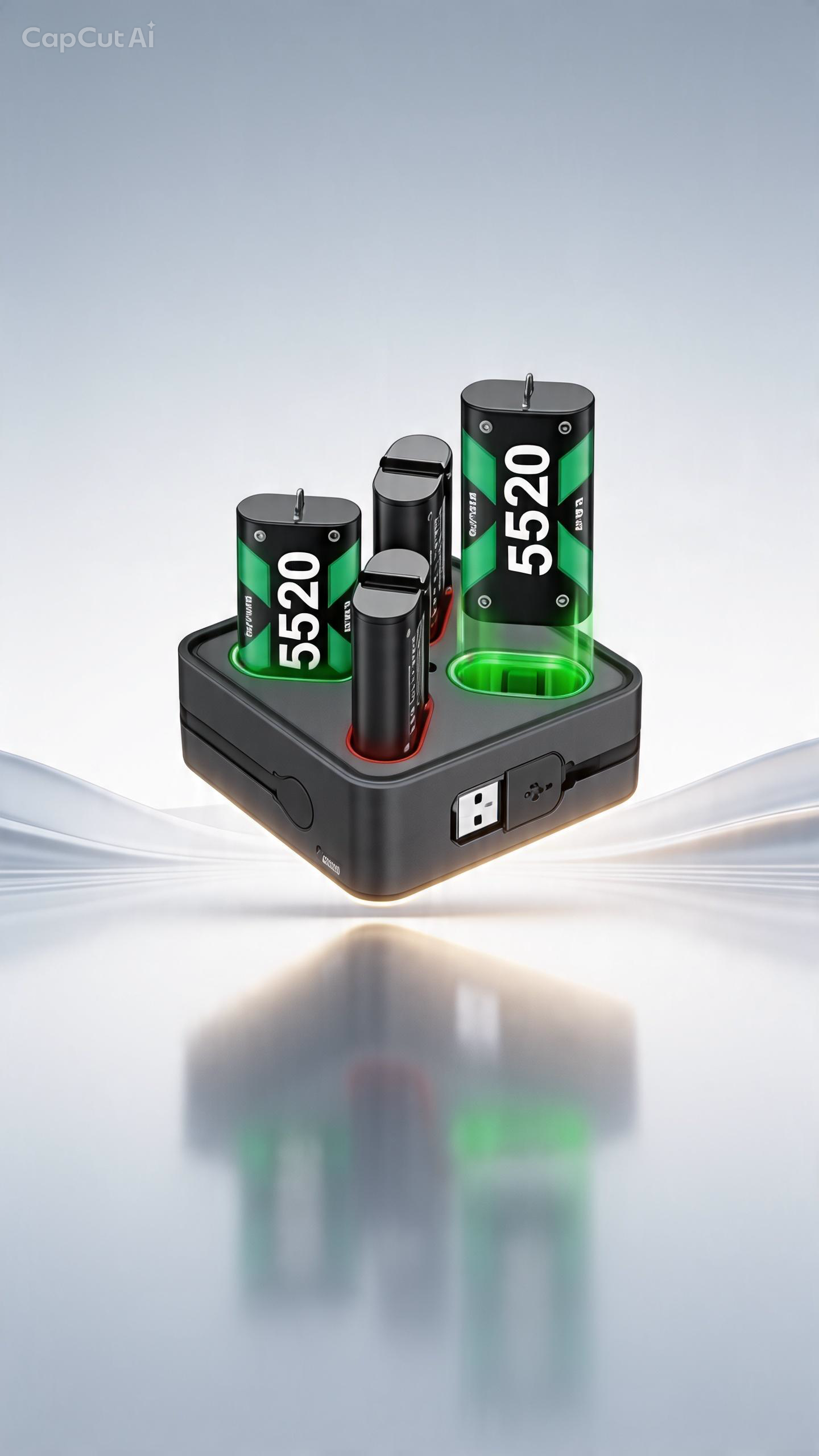 A portable battery charger or battery pack with several cylindrical batteries inserted, shown on a clean light gray studio background with a reflection below. The batteries are black with bright green sections and large white '5520' text.