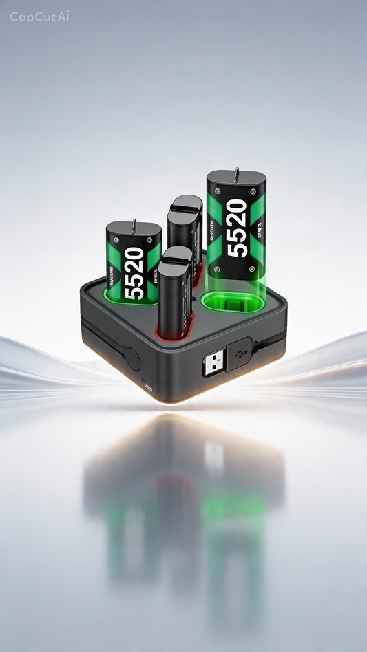 A portable battery charger or battery pack with several cylindrical batteries inserted, shown on a clean light gray studio background with a reflection below. The batteries are black with bright green sections and large white '5520' text.