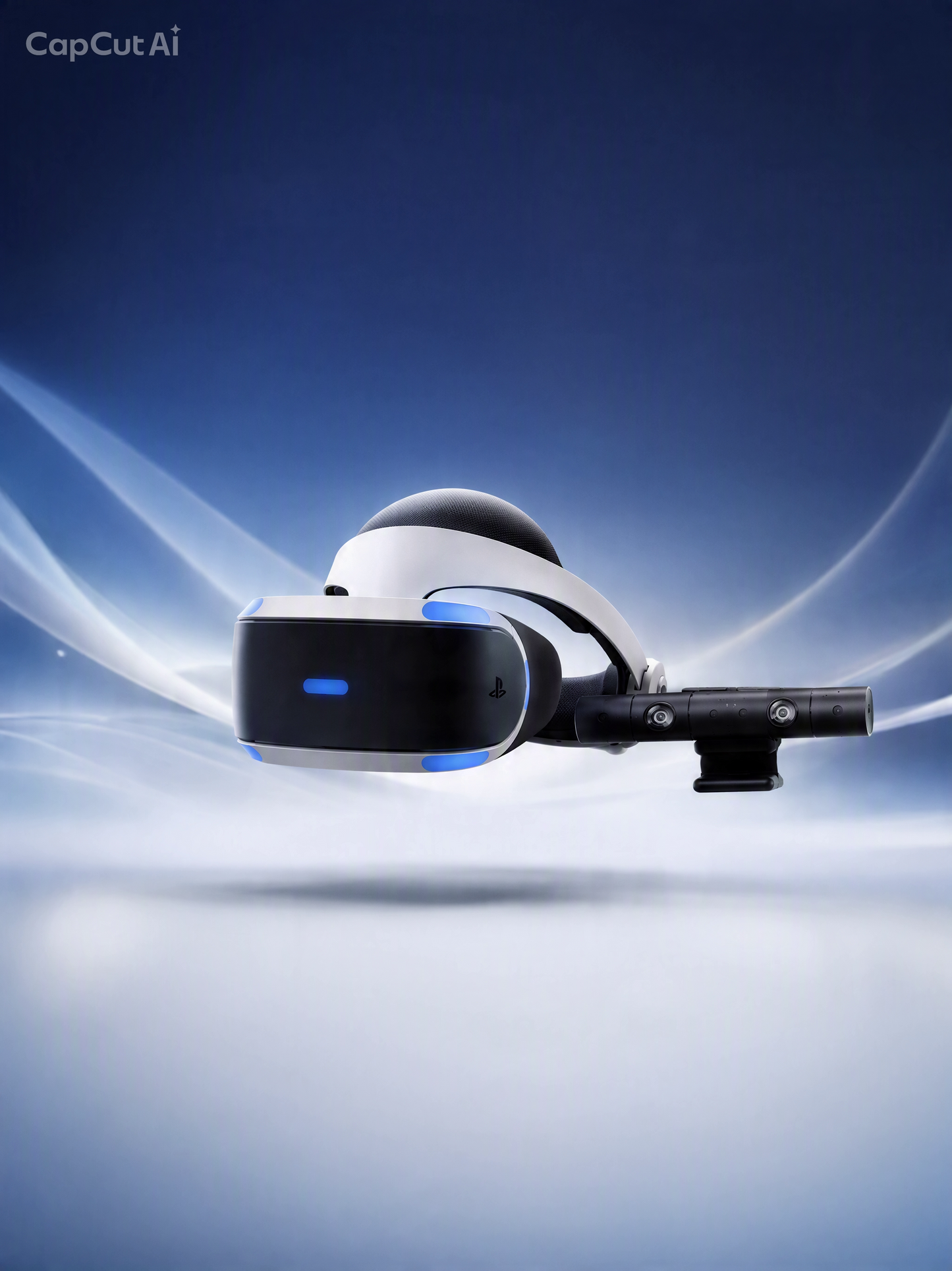 A PlayStation VR headset with a mounted controller floating against a blue abstract background. The PlayStation logo is visible on the headset and controller, and a CapCutAi watermark appears in the top-left corner.