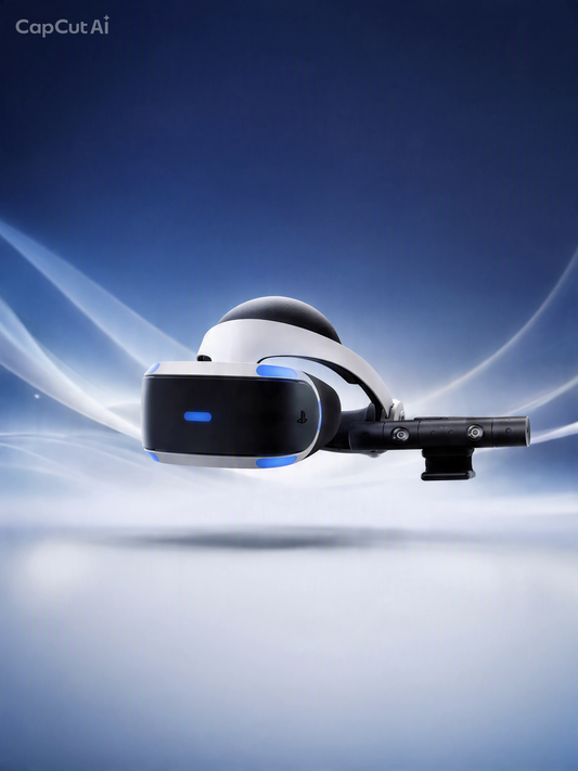 A PlayStation VR headset with a mounted controller floating against a blue abstract background. The PlayStation logo is visible on the headset and controller, and a CapCutAi watermark appears in the top-left corner.