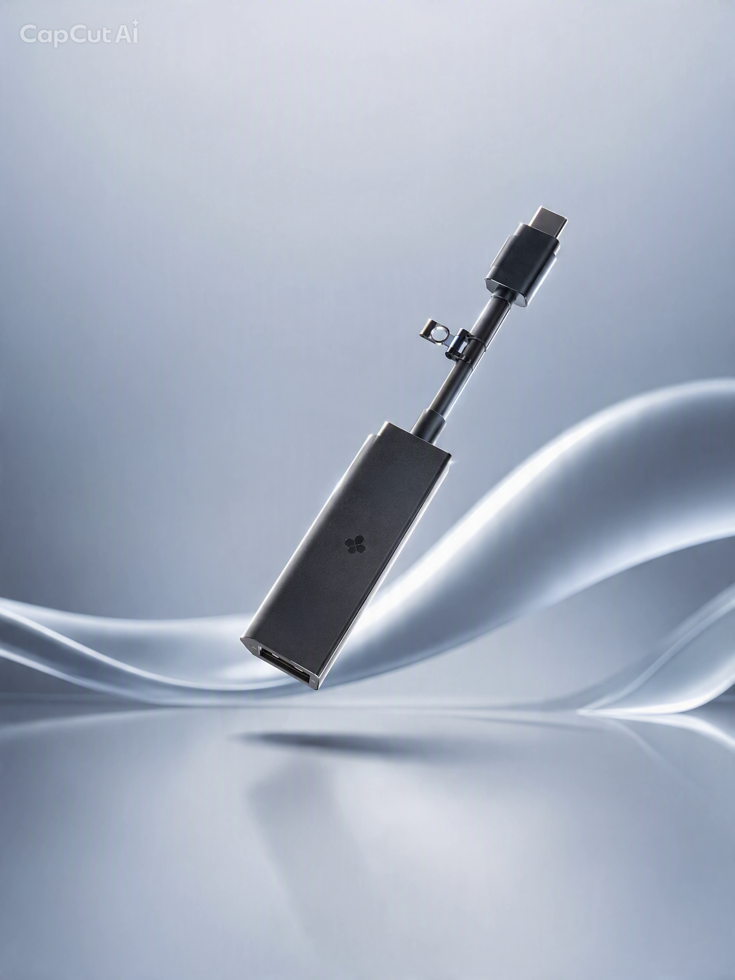 A sleek, metallic gray USB-C to USB-C adapter floating in mid-air against a soft, light blue-gray background with abstract flowing wave lines.