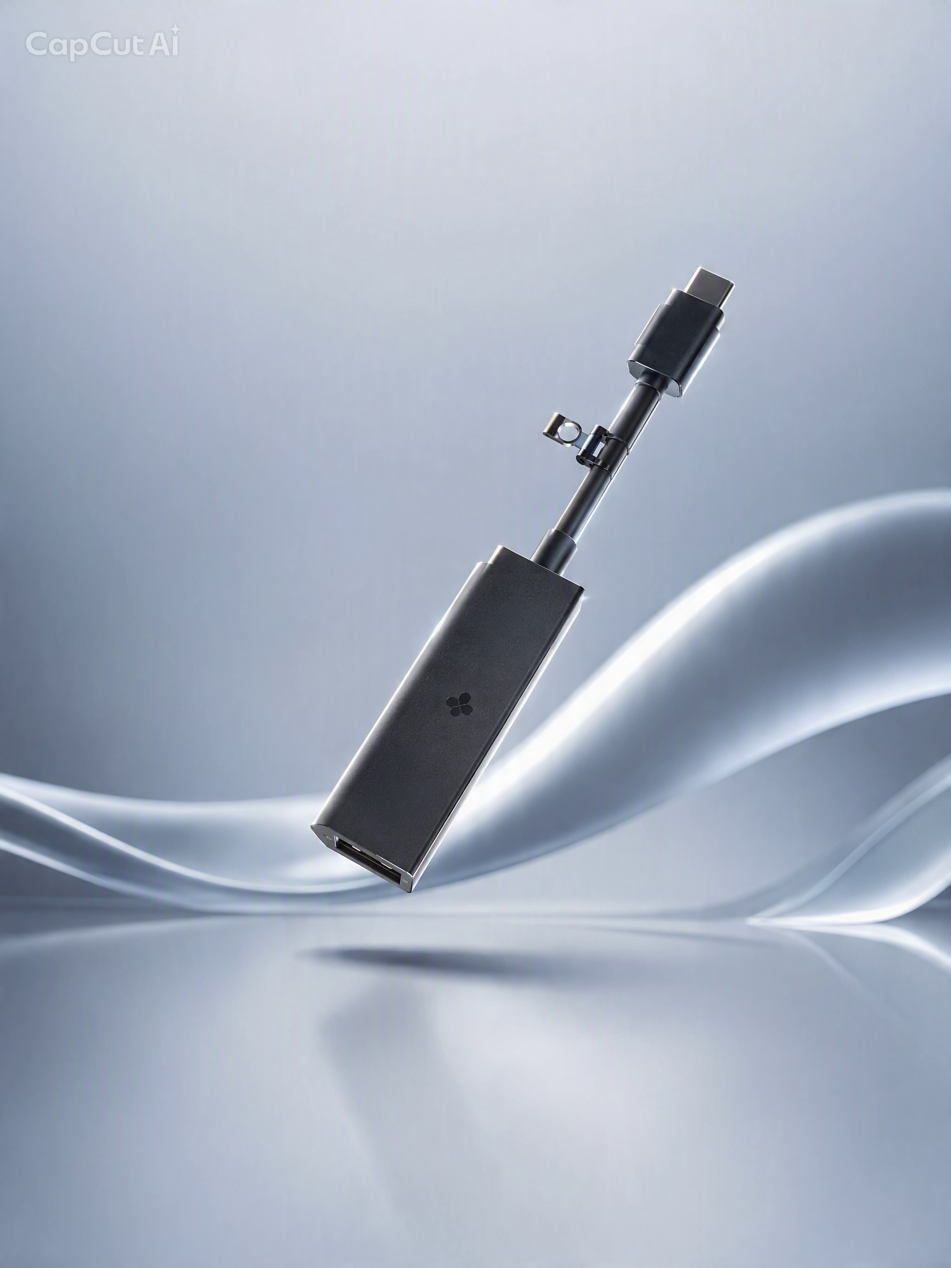 A sleek, metallic gray USB-C to USB-C adapter floating in mid-air against a soft, light blue-gray background with abstract flowing wave lines.