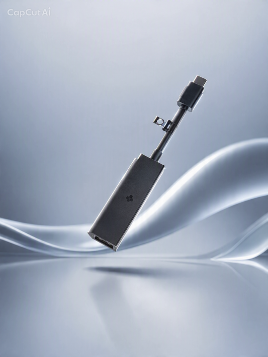 A sleek, metallic gray USB-C to USB-C adapter floating in mid-air against a soft, light blue-gray background with abstract flowing wave lines.