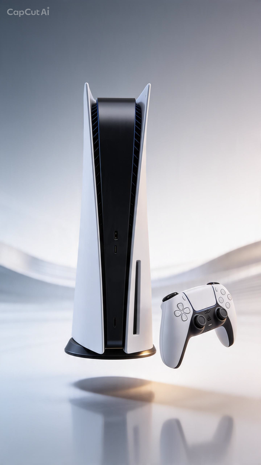 A white and black PlayStation 5 console standing upright next to a matching white and black wireless controller on a clean light gray studio background.