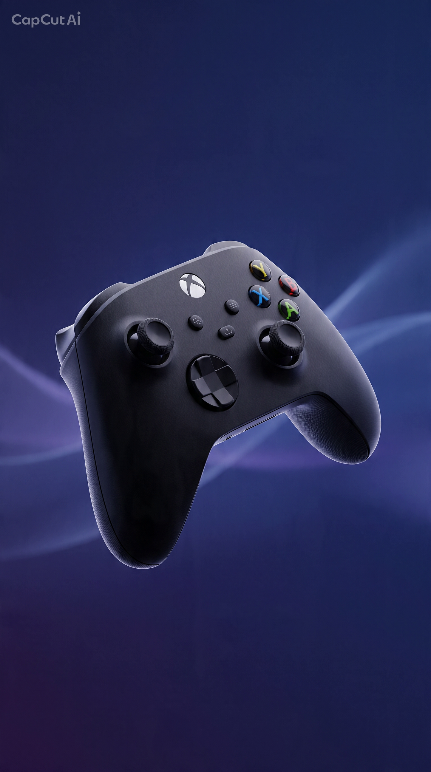 A black Xbox wireless game controller floating against a dark blue and purple abstract background with soft glowing light streaks. The Xbox logo is visible on the center button.