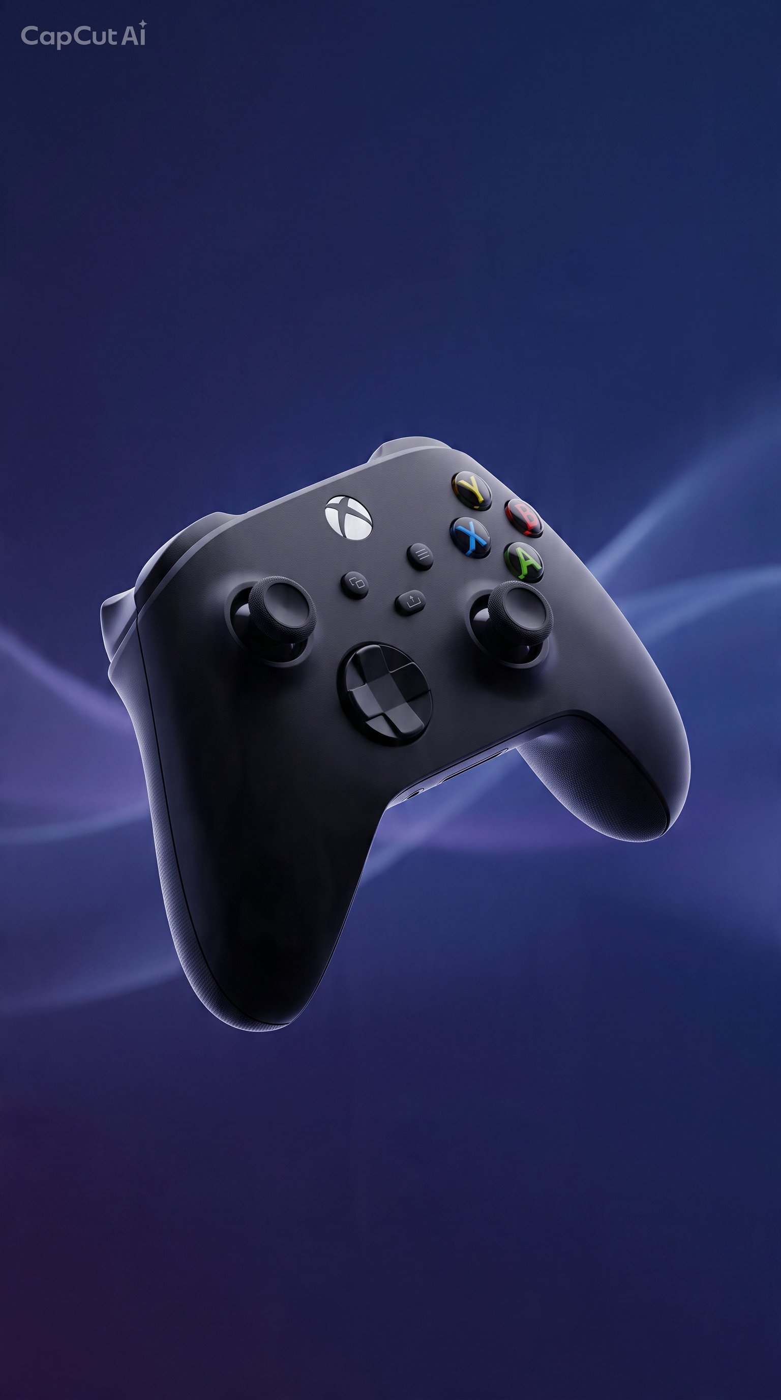 A black Xbox wireless game controller floating against a dark blue and purple abstract background with soft glowing light streaks. The Xbox logo is visible on the center button.