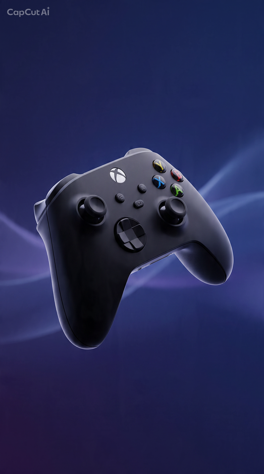 A black Xbox wireless game controller floating against a dark blue and purple abstract background with soft glowing light streaks. The Xbox logo is visible on the center button.