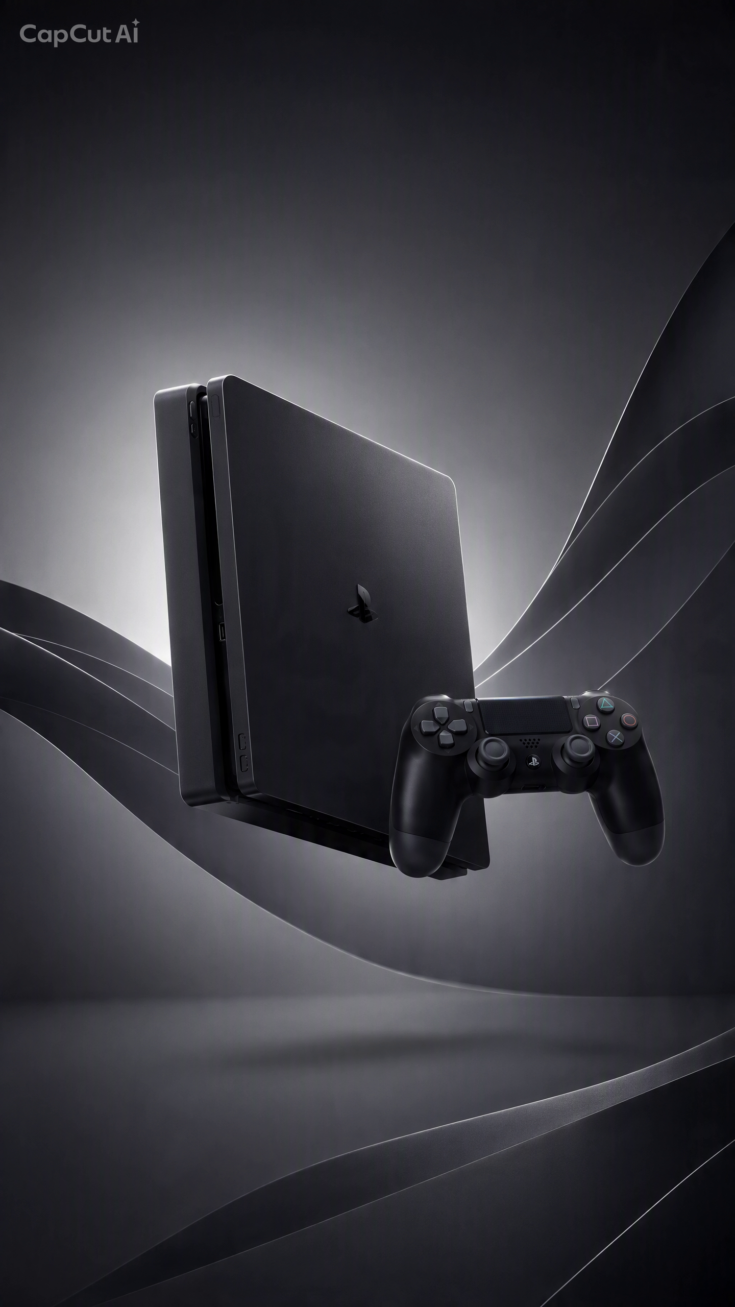 A PlayStation 4 console standing upright with a matching DualShock controller in front, shown in a dark studio-style render with flowing gray wave lines and a visible CopCutAi watermark in the top left.