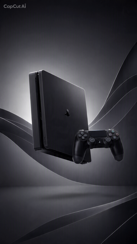 A PlayStation 4 console standing upright with a matching DualShock controller in front, shown in a dark studio-style render with flowing gray wave lines and a visible CopCutAi watermark in the top left.