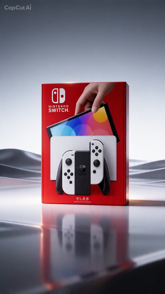 Nintendo Switch console in its red retail box, shown on a reflective dark surface against a gray gradient background. The box features a hand holding the console, and the console itself is pictured in white and black outside the packaging.